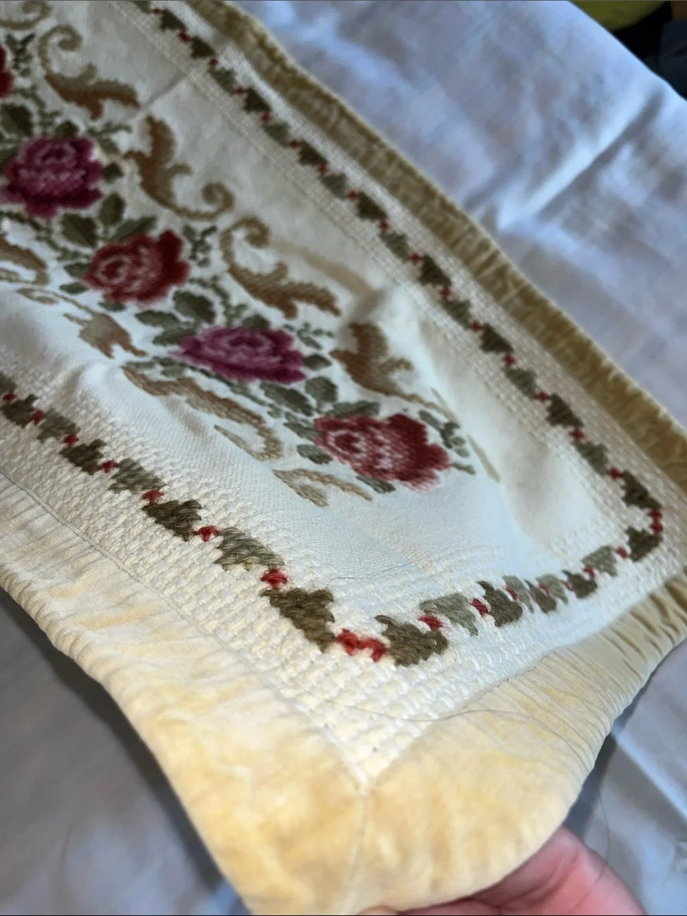 Vintage Handmade Floral Embroidered Table Runner in Cream and Pink 15”x39”